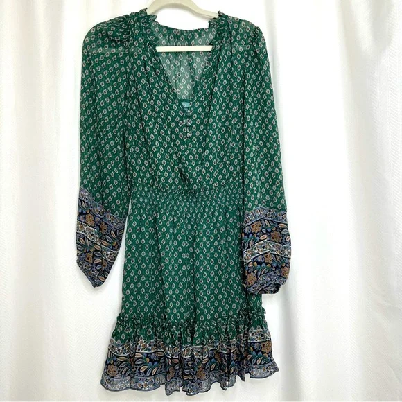 Veronica Beard | Dresses | Veronica Beard Destiny Printed Smocked Waist V  Neck Mini Dress Green | Poshmark